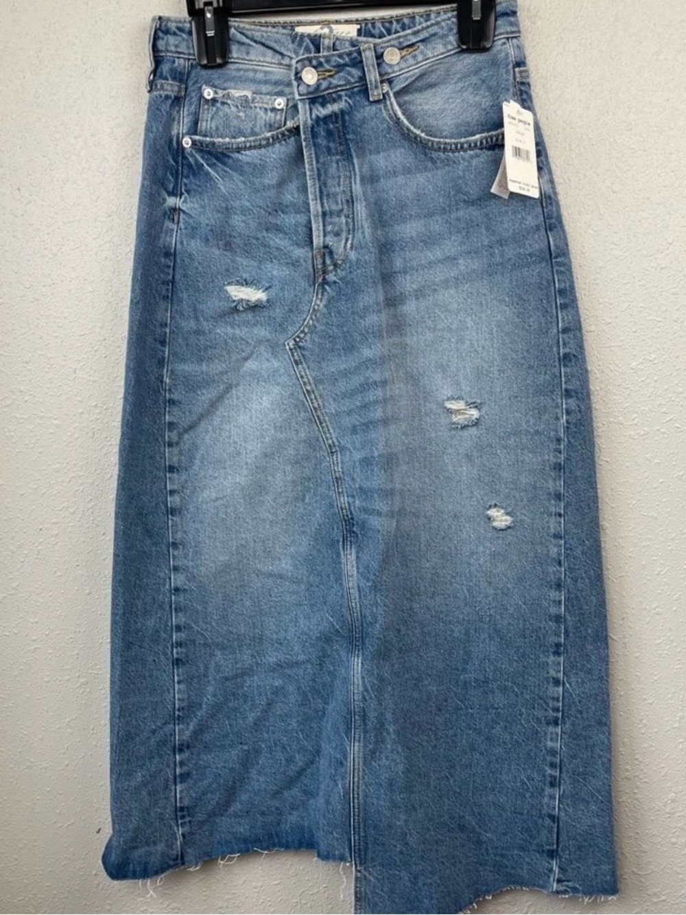 Free People Distressed Blue Denim Straight Skirt